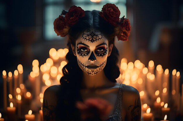 hermosa mujer adornada con majestuoso maquillaje de catrina simbólico del Día de los Muertos
