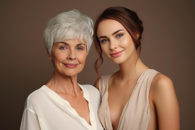 hermosa mujer adulta de cabello gris sonriente y su hija mujer joven ternura