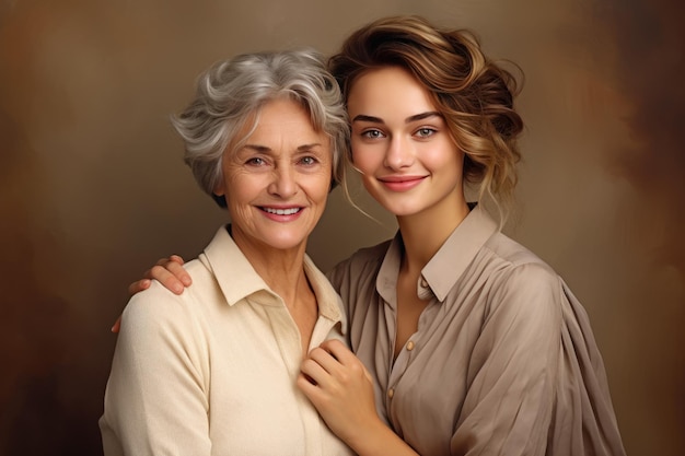 hermosa mujer adulta de cabello gris sonriente y su hija mujer joven ternura