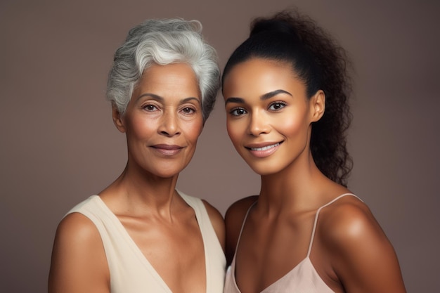 hermosa mujer adulta de cabello gris y su hija joven afroamericana