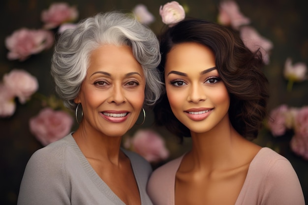 hermosa mujer adulta de cabello gris y su hija joven afroamericana