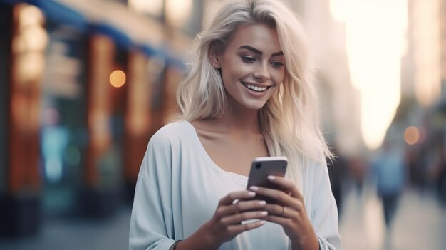 Hermosa mujer adulta media caminando y enviando mensajes de texto en el teléfono móvil fuera del centro de negocios