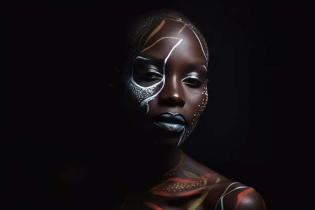 Hermosa mujer africana con ai generativo de arte corporal de piel negra