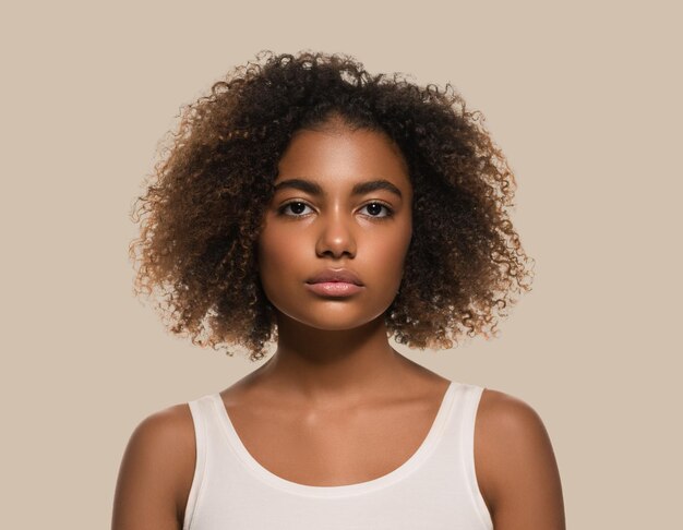 Hermosa mujer africana camiseta blanca retrato corte de pelo afro Fondo de color marrón