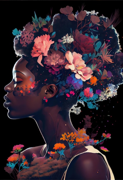 Hermosa mujer africana cubierta de flores de primavera en flor