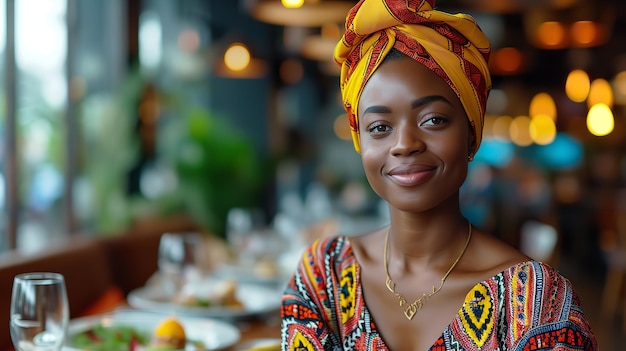 Una hermosa mujer africana feliz comiendo en un restaurante con un gran espacio de copia IA generativa