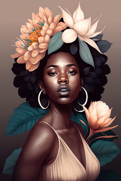 Hermosa mujer africana en flores Diseño de camiseta Póster IA generativa