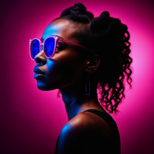 de una hermosa mujer africana con foto con luz de neón rosa y azul generativa de IA