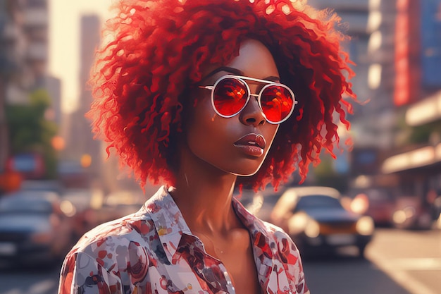 hermosa mujer africana con gafas de sol rojas y cabello rojo en el fondo
