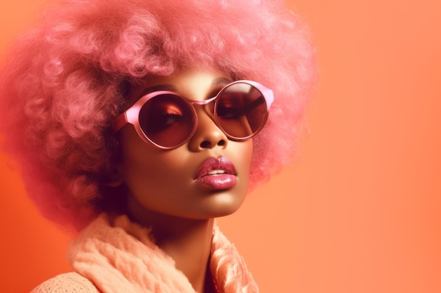 Hermosa mujer africana con gafas de sol rosas de moda