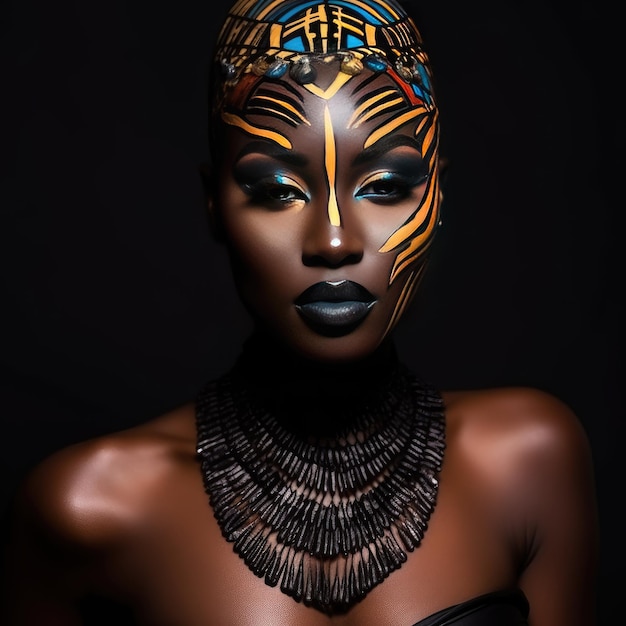 Hermosa mujer africana glamurosa con arte corporal de piel negra