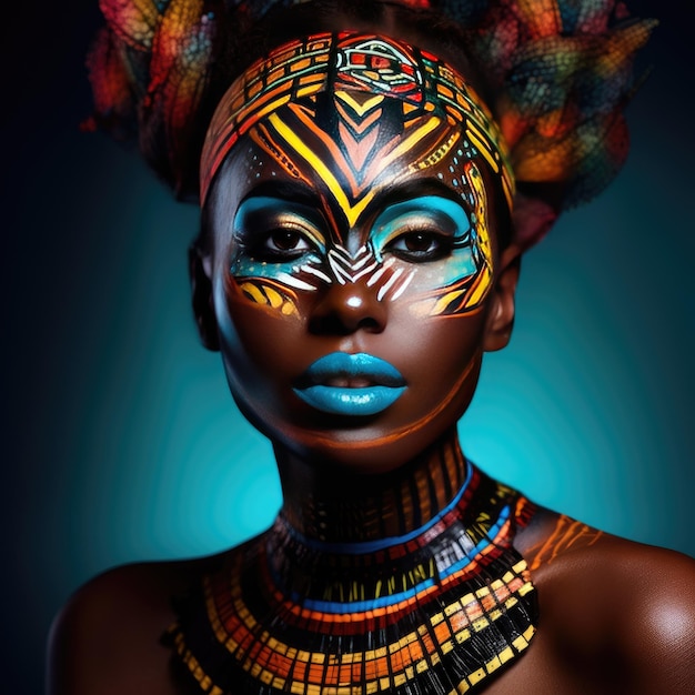 Hermosa mujer africana glamurosa con arte corporal de piel negra