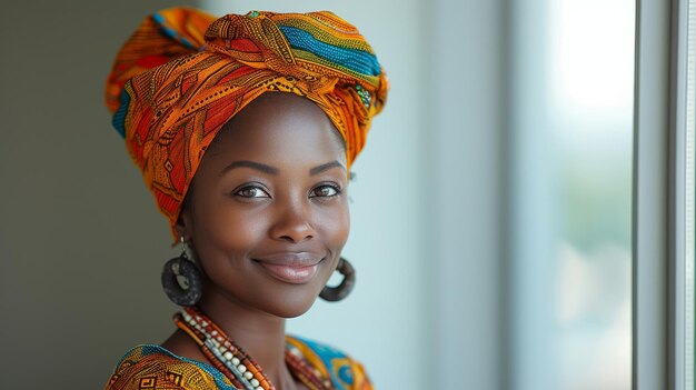 Una hermosa mujer africana con un pañuelo tradicional de pie cerca de la ventana sonriendo y mirando a la cámara Este es un retrato de una feliz mujer de mediana edad con un pañal tradicional Ella es