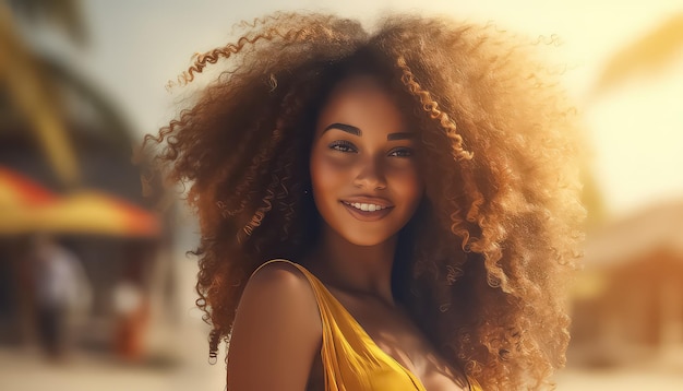 Hermosa mujer africana con pelo largo en la playa