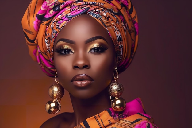 Foto hermosa mujer africana de piel oscura vestida con joyas de oro