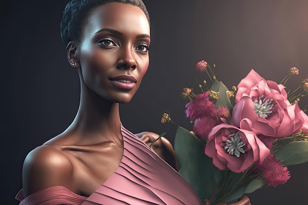 Hermosa mujer africana con ramo de flores