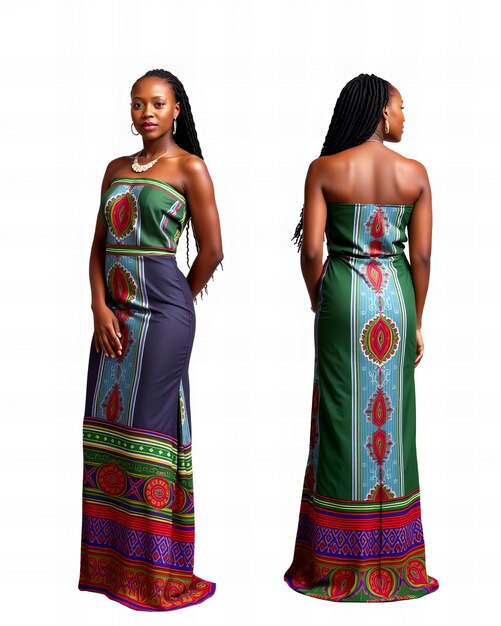 Una hermosa mujer africana en un vestido sudafricano Shweshwe