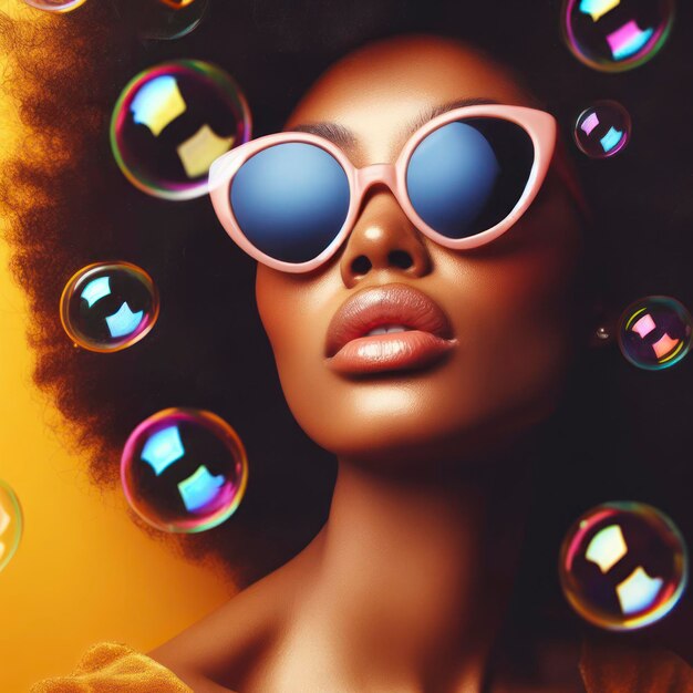 Hermosa mujer afro con burbujas de jabón y gafas de sol retrato de estudio de primer plano minimalista ai