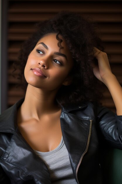 hermosa mujer afroamericana con chaqueta de cuero