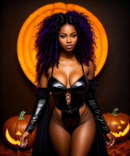 Hermosa mujer afroamericana disfrazada de bruja sobre fondo de Halloween