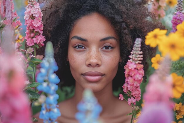 Hermosa mujer afroamericana con peinado afro y flores