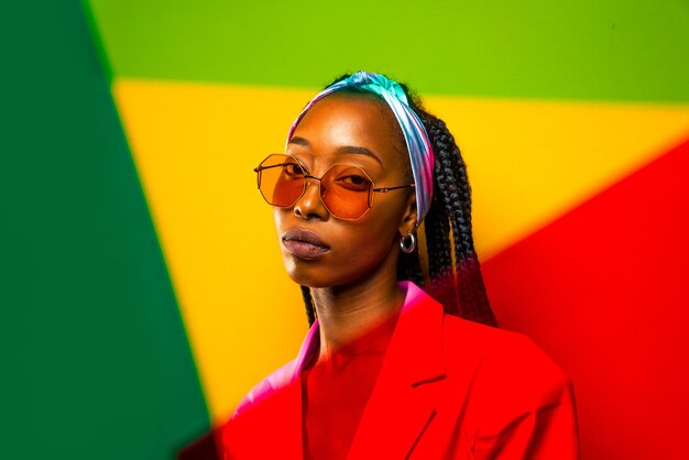 Hermosa mujer afroamericana con peinado de coletas afro y ropa elegante - Retrato de joven negra en estudio