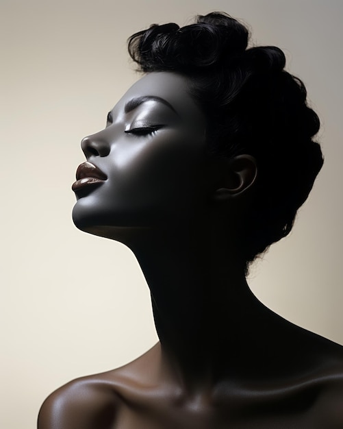 hermosa mujer afroamericana con piel oscura y ojos mirando al cielo