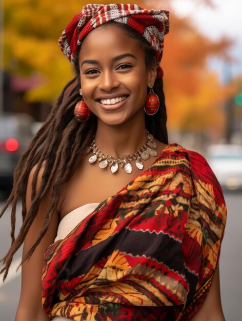 hermosa mujer afroamericana con rastas en la calle