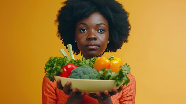 hermosa mujer afroamericana sostiene un cuenco de verduras frescas