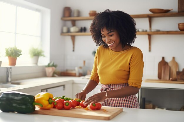 hermosa mujer afroamericana en un suéter amarillo y delantal prepara verduras en la cocina en