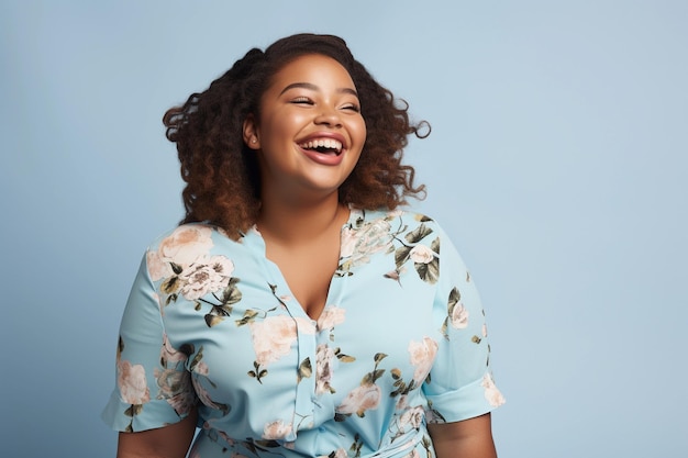 Hermosa mujer afroamericana de talla grande sonriendo en un fondo azul claro