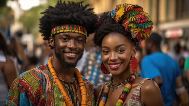 Hermosa mujer afroamericana con vestido tradicional y apuesto hombre negro sonriendo y mirando