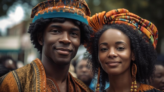 Foto hermosa mujer afroamericana con vestido tradicional y apuesto hombre negro sonriendo y mirando