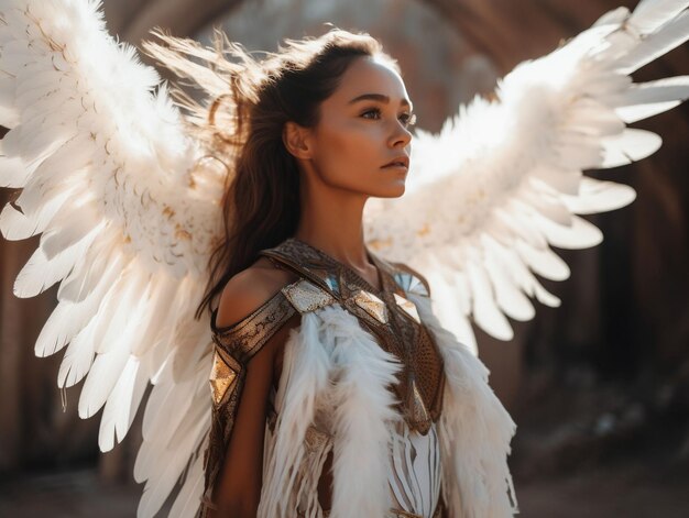 hermosa mujer con alas de ángel blanco en la naturaleza durante el día