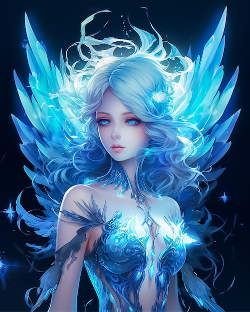 Hermosa mujer con alas azules poderoso estilo Anime Angel Game Personaje concepto Ai Generado