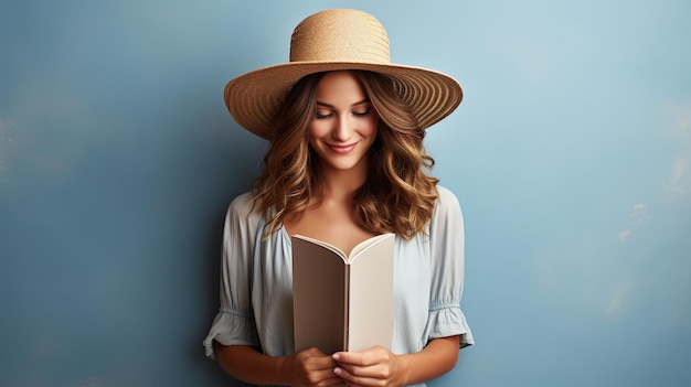 Una hermosa mujer con un álbum de fotos abierto en un fondo azul claro está sonriendo vista superior Espacio para texto Maqueta de álbum de papel en blanco IA generativa