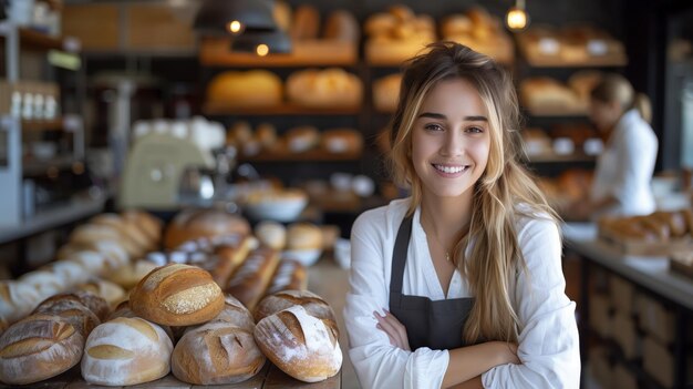 Foto hermosa mujer alemana dueña de una panadería mujer de negocios posando frente a su moderna panadería apoyándose en el mostrador de su lugar de trabajo con muchos panes detrás de ella