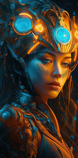 Hermosa mujer androide con gran casco cibernético AI generativa