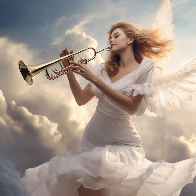 Foto hermosa mujer ángel con vestido blanco y con alas tocando la trompeta en el cielo
