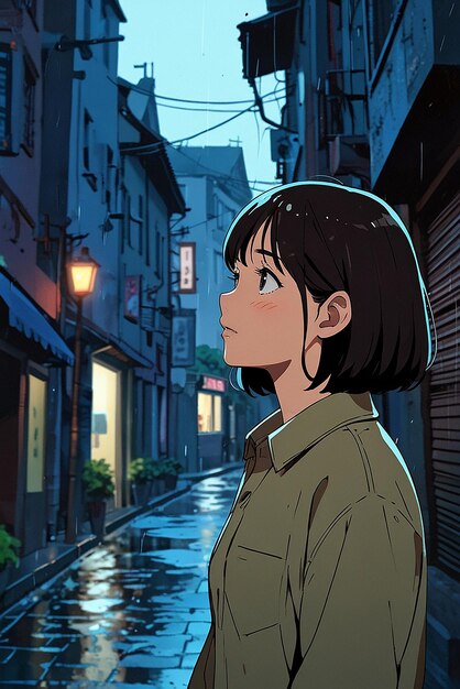 Foto una hermosa mujer de anime con cabello largo mirando hacia abajo en perfil por la noche bajo la lluvia