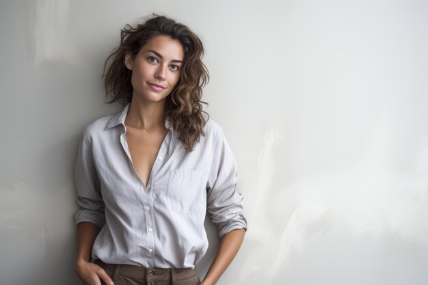 Hermosa mujer apoyada contra una pared blanca