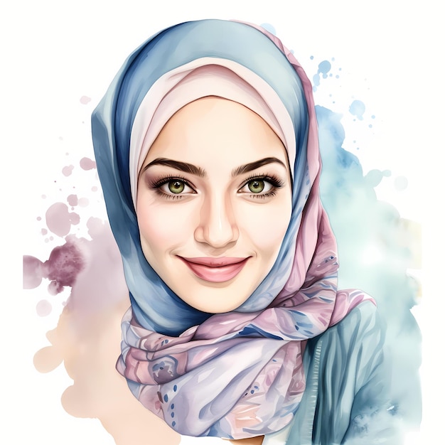 Hermosa mujer árabe musulmana con hijab retrato acuarela Clipart