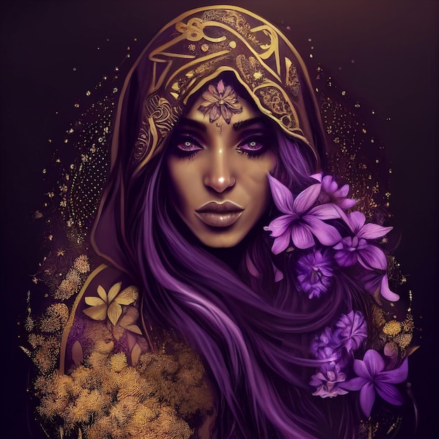 Hermosa mujer árabe con retrato de hiyab Flores púrpuras doradas Arte digital de lujo