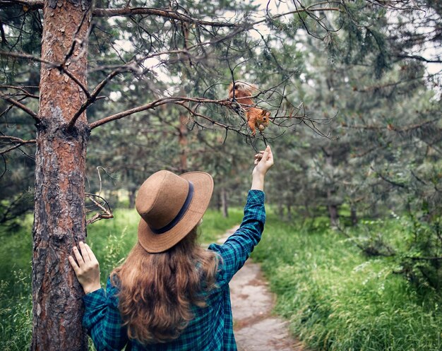 Hermosa mujer ardilla de alimentación en el bosque