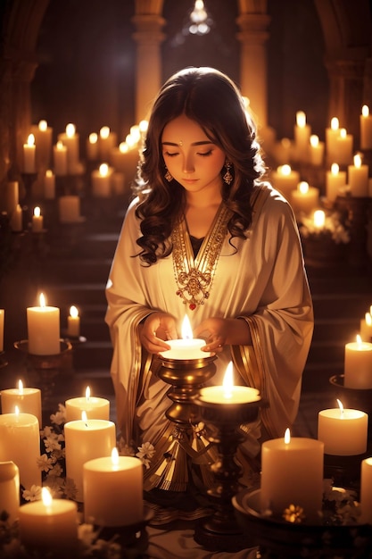 Hermosa mujer arrodillada junto a velas celebrando Diwali