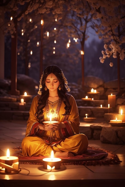 Hermosa mujer arrodillada junto a velas celebrando Diwali