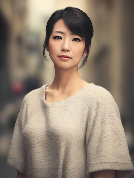 Hermosa mujer asiática adolescente que publica una foto en el estudio de arte generativo de AI