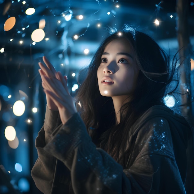 Hermosa mujer asiática al aire libre por la noche con luces foto de archivo