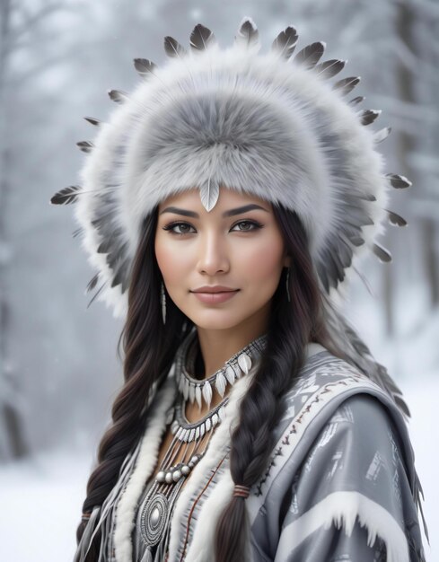 Hermosa mujer asiática en el bosque de invierno con un sombrero de piel