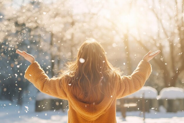 Hermosa mujer asiática disfruta de las nevadas en el concepto de estilo de vida del parque